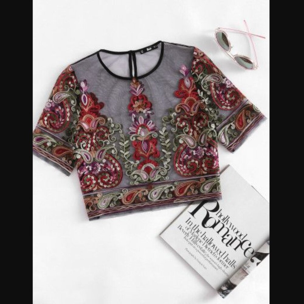 HOLLA Sheer Mesh Crop Top Featuring Intricate Floral Embroidery Size S